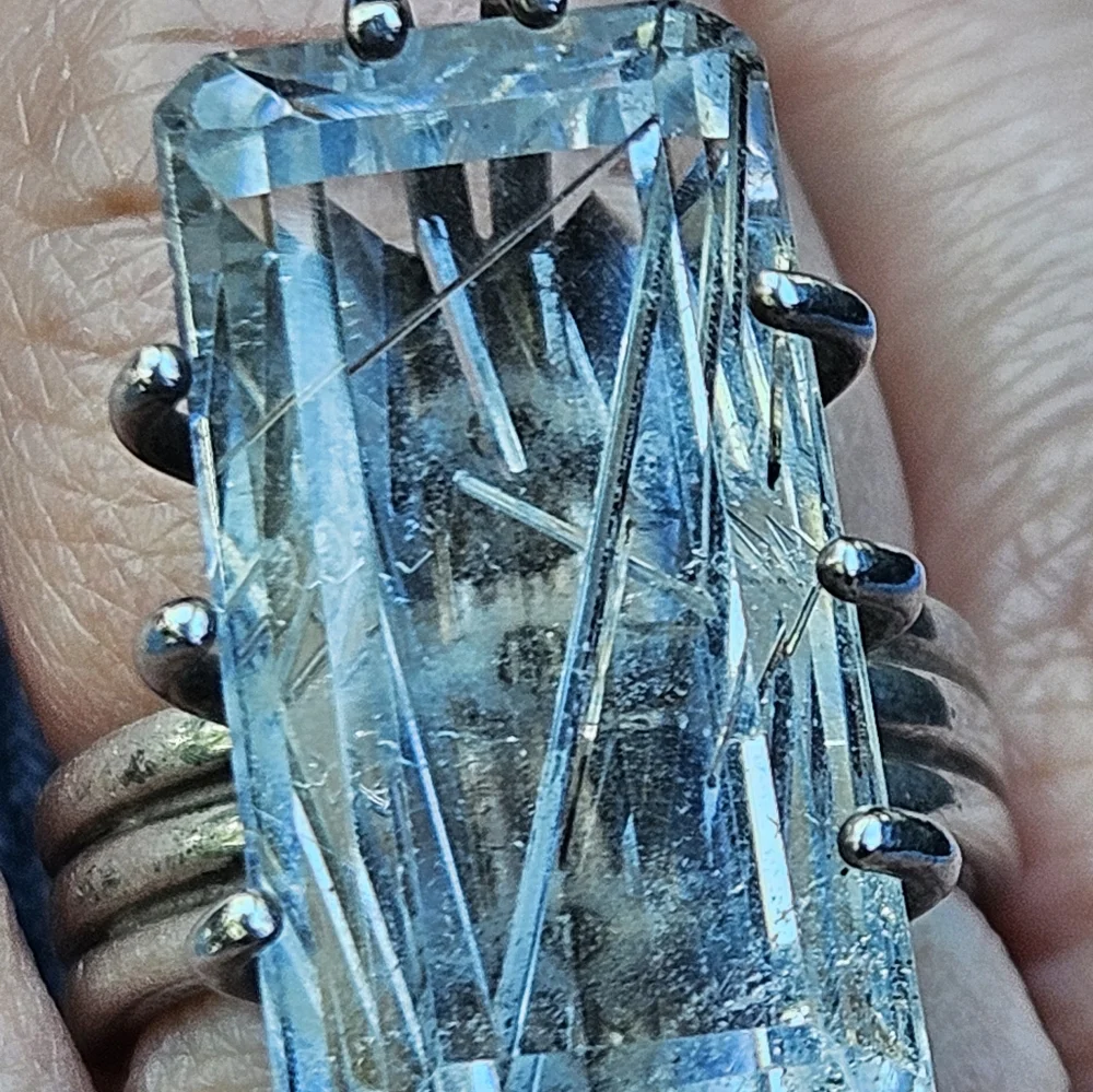 Vintage Huge Rutilated White Quartz Sterling Silver Ring - Picture 9 of 14
